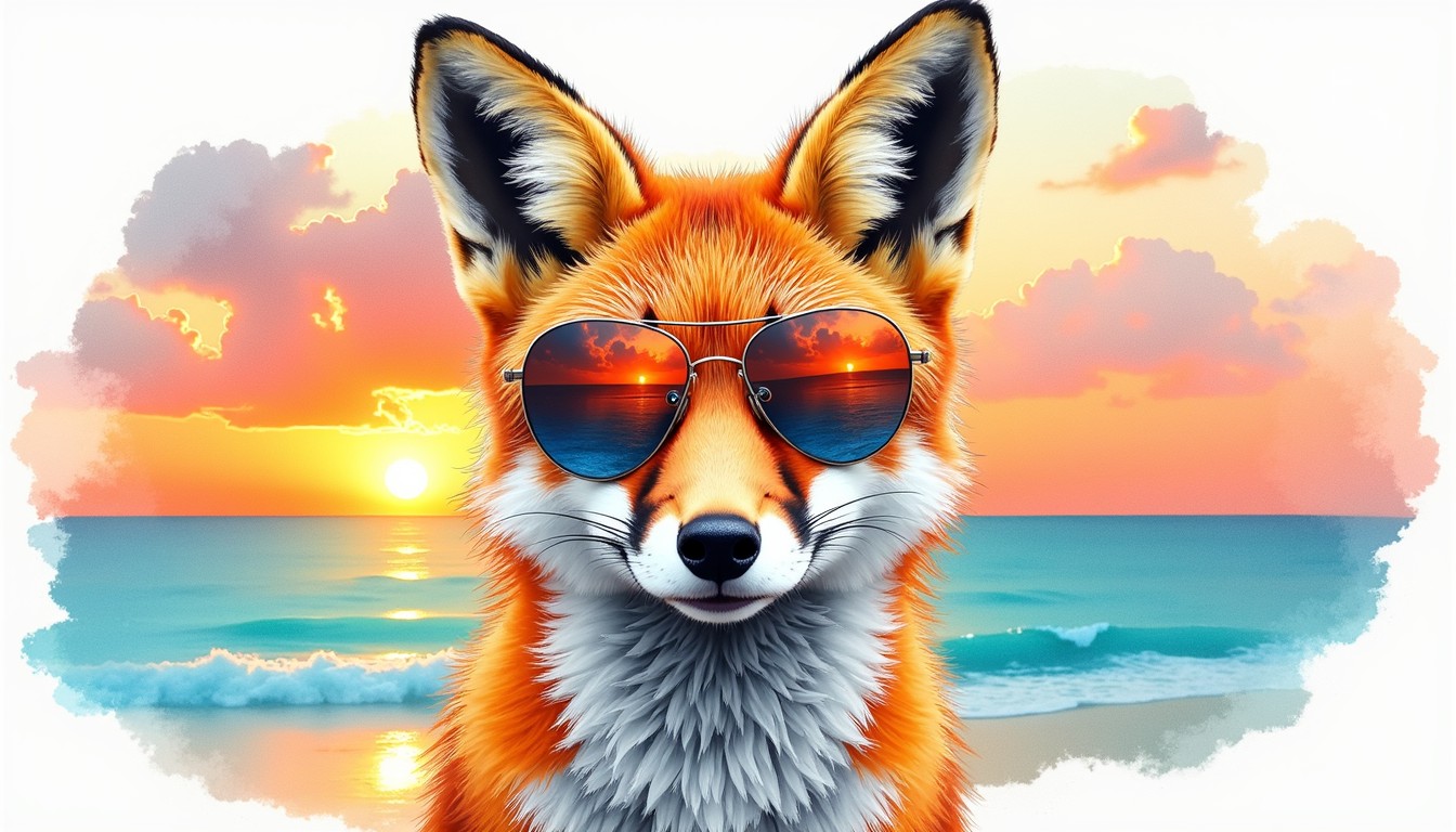 Free Cool Beach Fox Image - Fox, Watercolor, Sunset | Download at StockCake