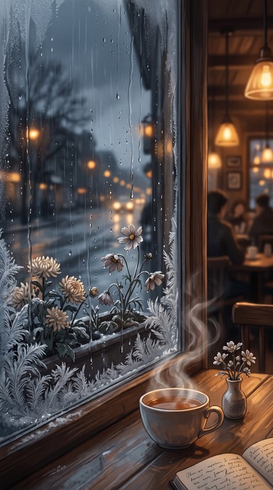 Slider Box Window This lofi illustration shows a cozy cafe window on a cold, rainy autumn ...
