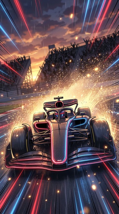 Anime style illustration of a sleek black open-wheel race car speeding ...