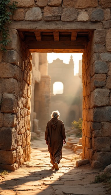 Sunlight streams through an ancient stone archway as a solitary figure ...
