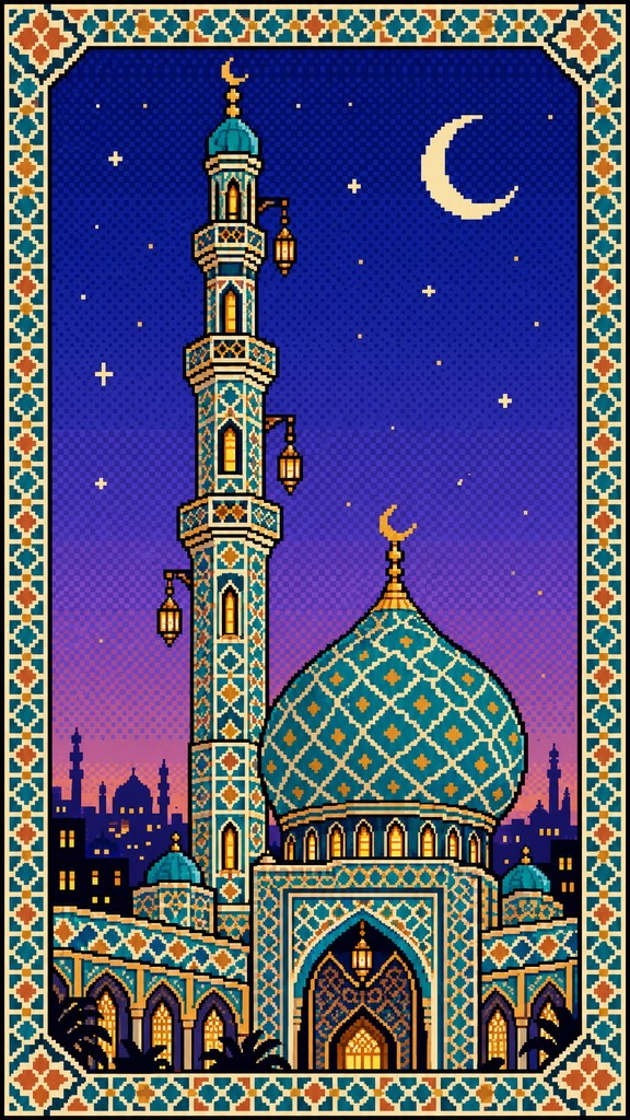 Chunky 8-bit pixels form a majestic mosque with onion dome, tall ...