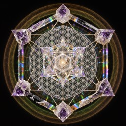 Purple amethyst and clear quartz crystals form a glowing six-pointed ...