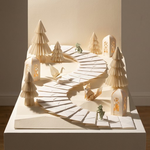 A winding white paper path with tiny origami animals, folded trees, and ...
