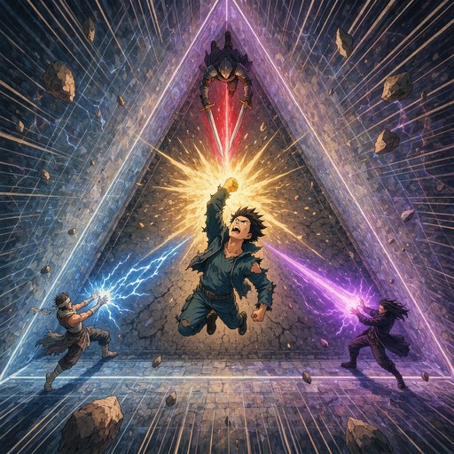 This anime-style illustration shows a fierce battle inside a huge ...