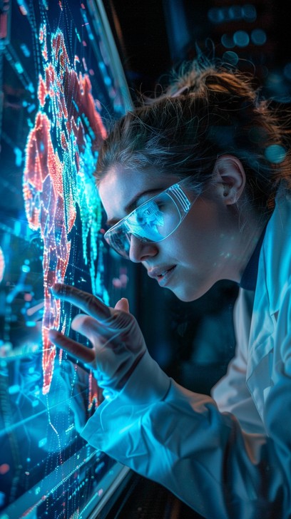 Free Focused young scientist intently studies complex data visualized ...
