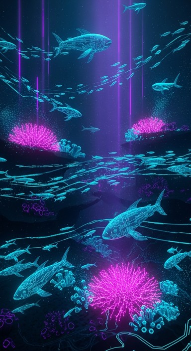 Neon Usmc Bioluminescent marine creatures with circuit patterns glide through ...