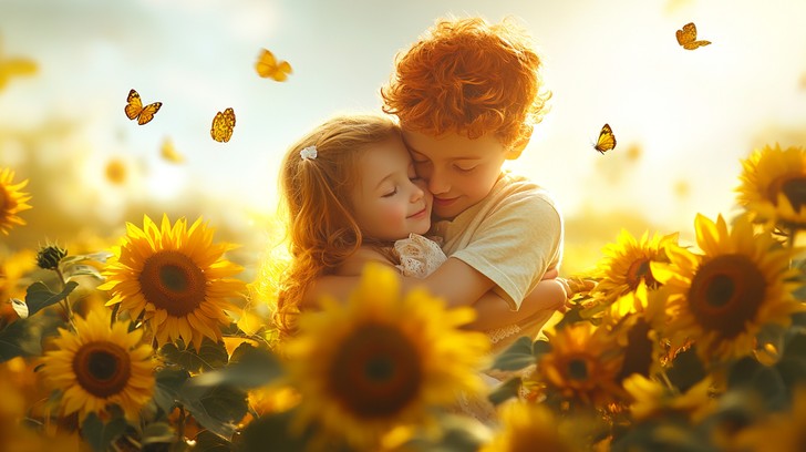 Affection Child Free Sunlit affectionate embrace Image - Children, Sunflowers ...