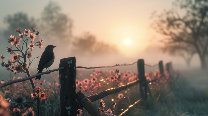 Misty Setting Free Misty Sunrise Scene Image - Sunrise, Bird, Flowers | Download at ...