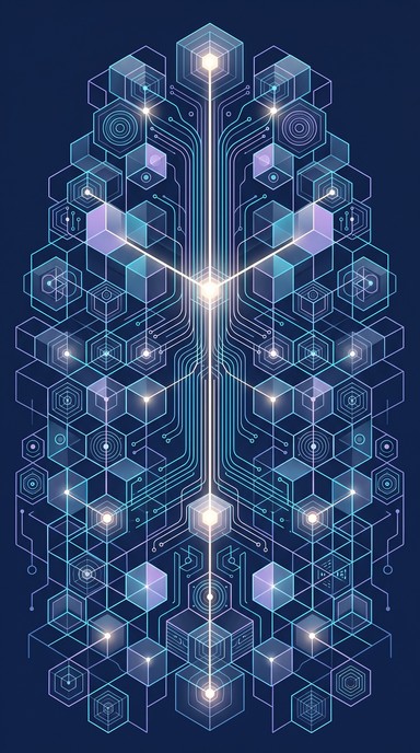 Blue and lavender hexagons and cubes join together with thin glowing ...