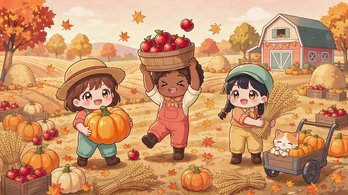 Three cheerful chibi children in an orange and gold autumn field gather ...