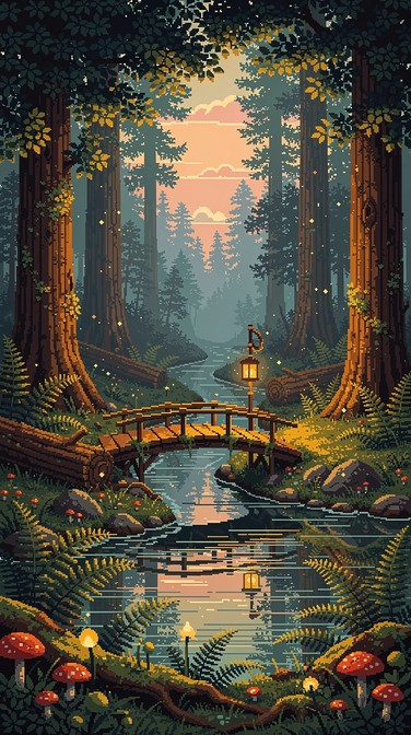 Golden light filters through tall redwood trees as a wooden bridge ...