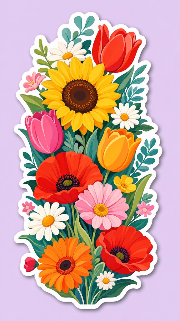 This cheerful die-cut sticker illustration shows a tall bouquet packed ...