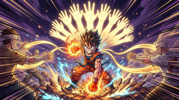 A bold anime-style illustration shows a young male hero with spiky ...
