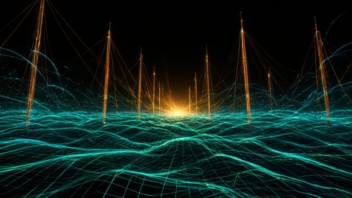 Turqoise Neon Glowing turquoise laser waves roll toward a golden horizon glow while ...