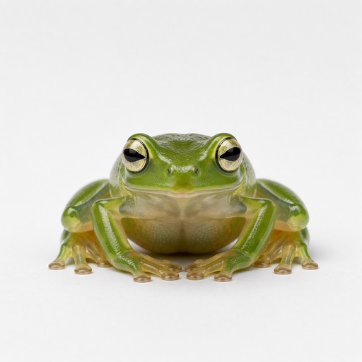 Frog Protrait A photorealistic green tree frog sits calmly in the center of a clean ...