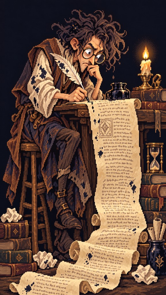 A pixel art illustration of a scruffy man with round glasses writing ...