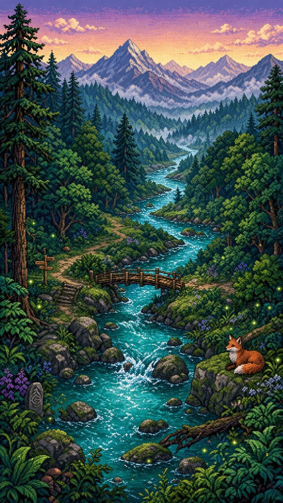 16-bit pixel art illustration of a bright turquoise river winding ...