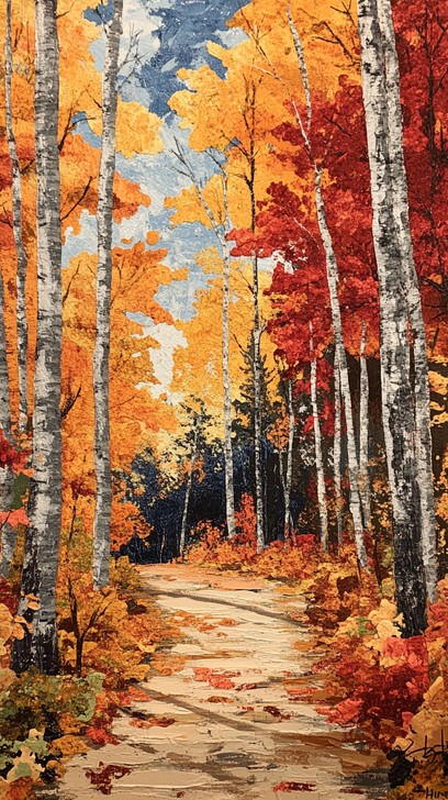 A winding path leads through a vivid autumn forest, showcasing a ...