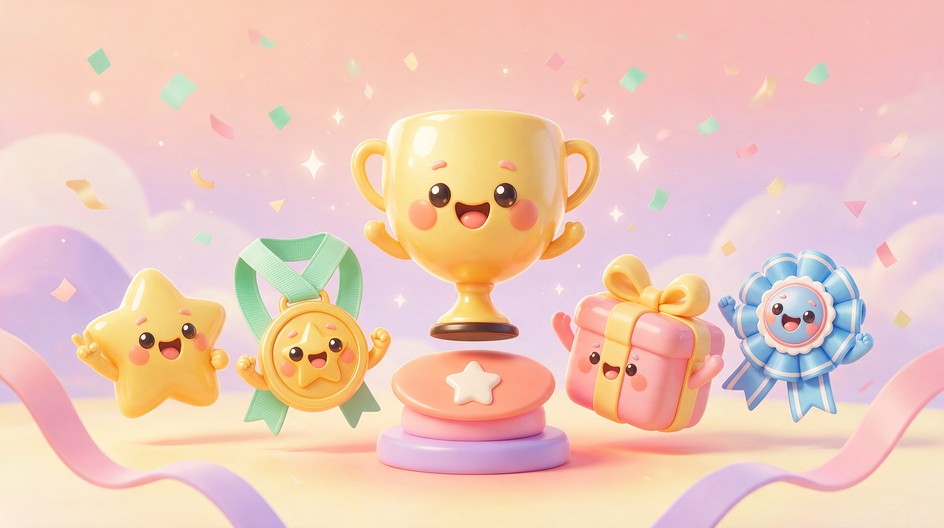 A cute 3D-style kawaii illustration shows a happy reward party full of ...