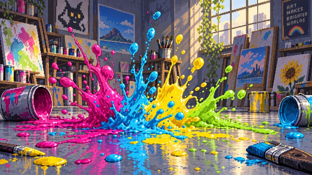 Bright magenta, blue, yellow, and green paint splashes across a shiny ...