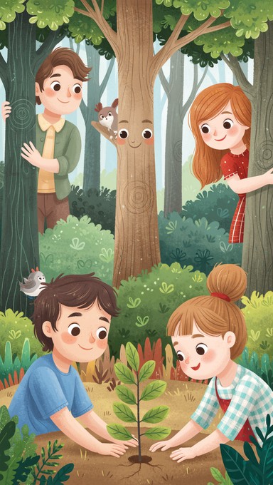 Tree Trunks Kids Free Planting Trees Together Image - Illustration, Children, Forest ...