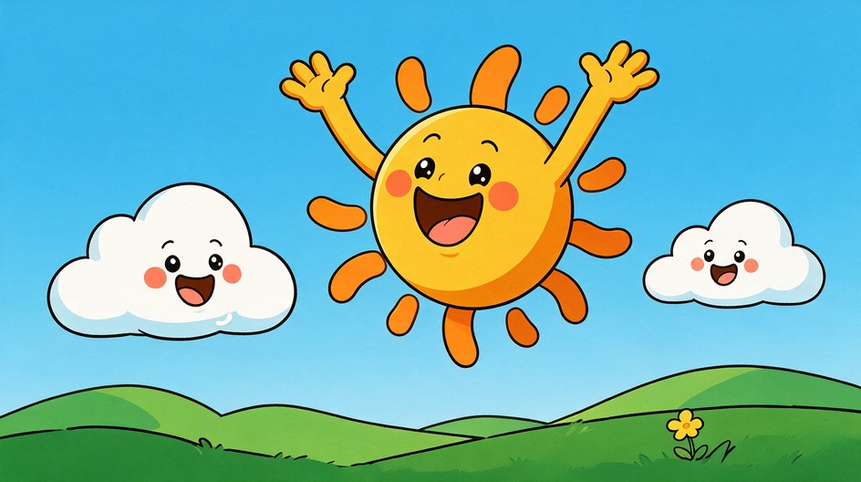 A cheerful orange cartoon sun raises its arms and smiles above green ...