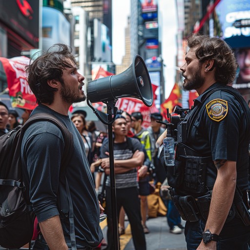 Free Protestor Confronts Officer Photo - Protest, Megaphone, Officer ...