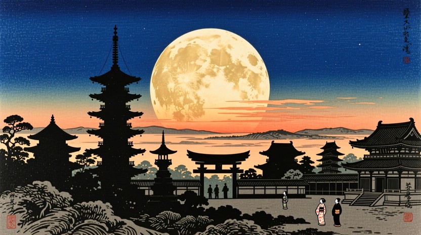 A breathtaking golden full moon dominates the deep blue night sky in ...