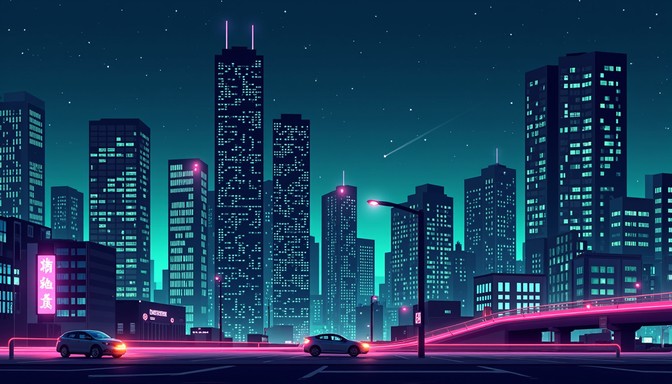 Electric vehicles streak past towering pixel art buildings under a ...