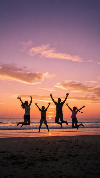 Four dark silhouettes jump high with their arms raised on a quiet beach ...