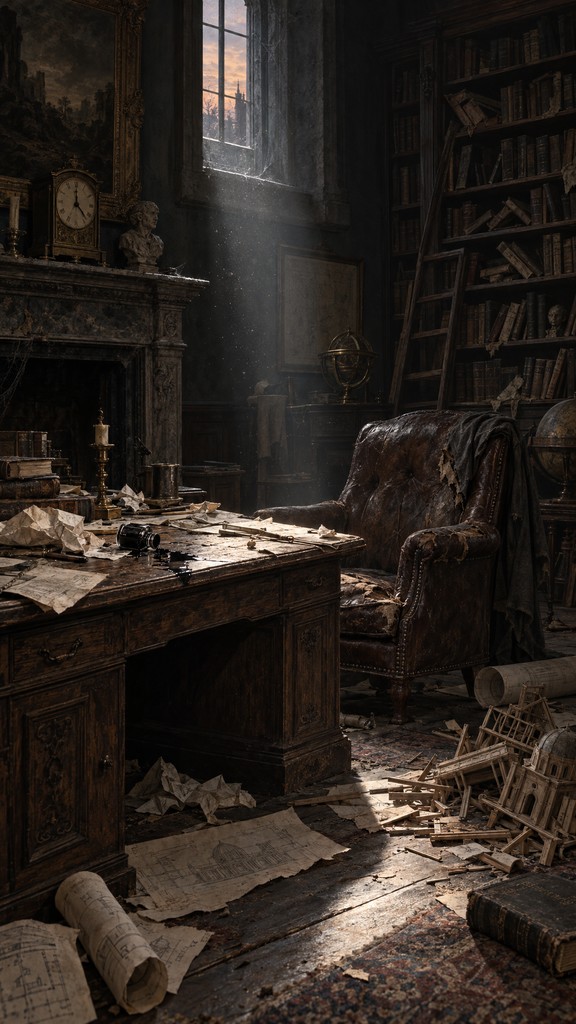 This dark, moody digital painting shows an old study that has been left ...