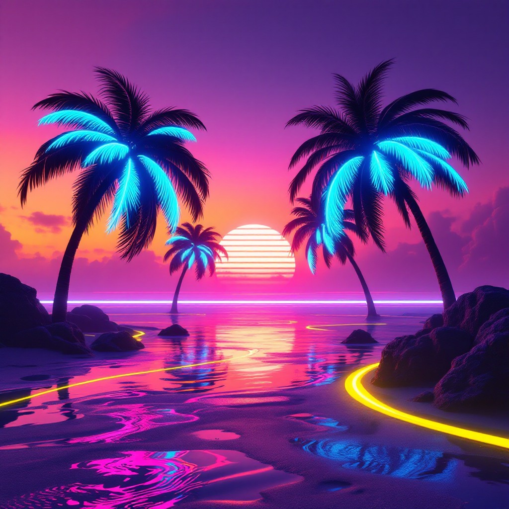 Sunset Image Neon Free Neon Paradise Sunset Image - Synthwave, Vaporwave, Neon | Download ...