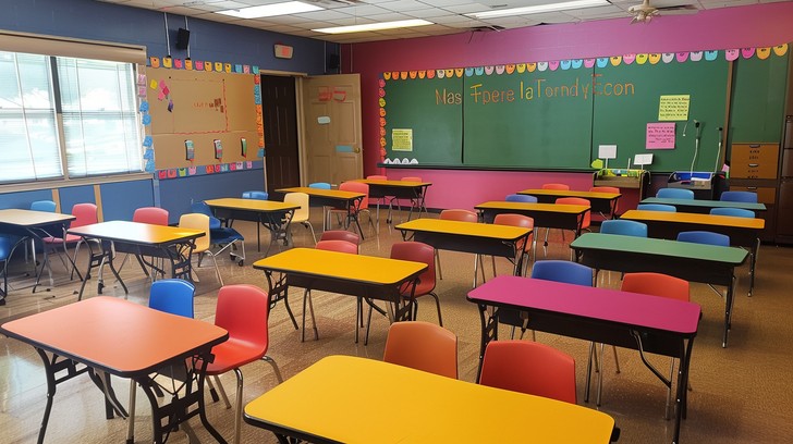 Free Colorful Classroom Interior Image - Classroom, Education, Desks ...
