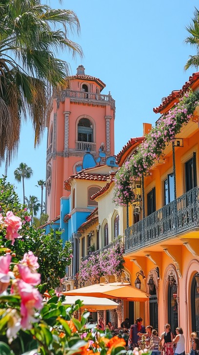 Vibrant colonial buildings adorned with blooming flowers under a clear ...