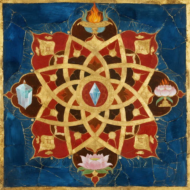 Ancient geometric mandala radiating golden light against deep blue ...