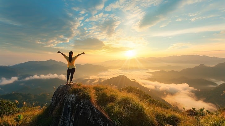An empowering image of a person standing on a hilltop at sunrise, arms wide open, looking vibrant and healthy, with a translu