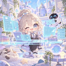 Cute chibi girl winks and smiles while working on a laptop in a pastel ...