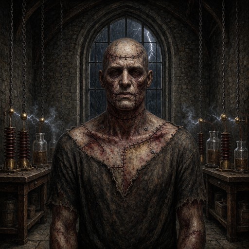 Square Gothic Window A pale, stitched-together man stands in a dim stone laboratory ...