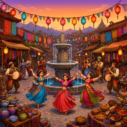 Colorful 16-bit pixel art illustration of three women dancing around a ...