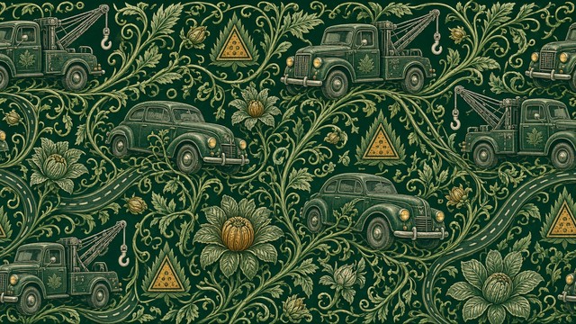 Green Retro Vector Pattern Green botanical pattern of vintage cars and tow trucks woven through ...