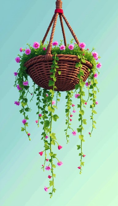 A wicker hanging basket overflows with lush green vines and delicate ...