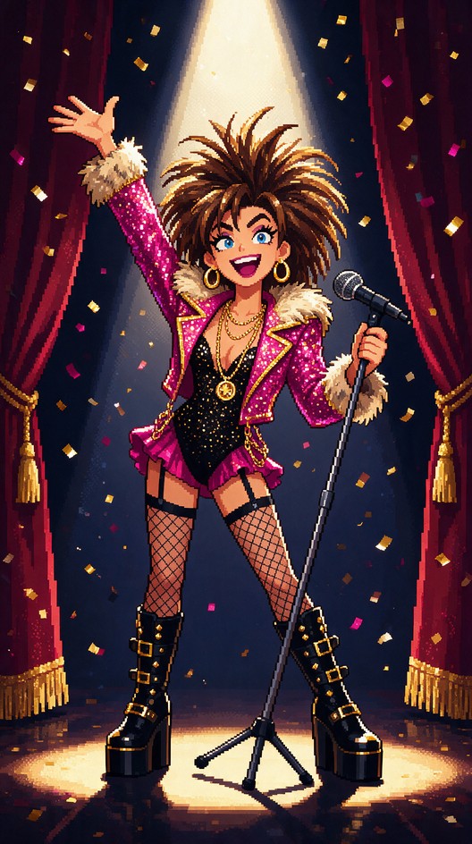 A pixel art illustration of a woman singer striking a bold pose on ...
