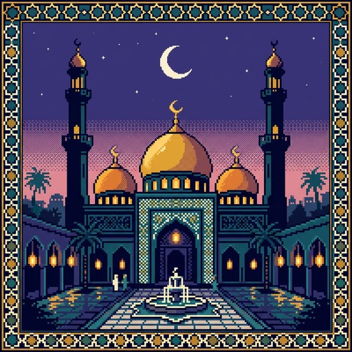 A stunning 8-bit pixel art scene showcases a grand mosque with shining ...
