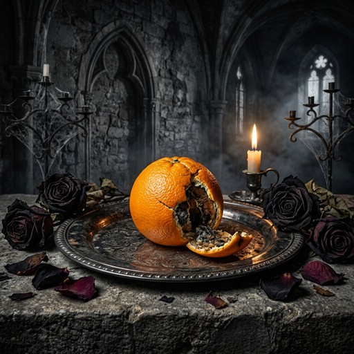 A rotting orange glows on ancient silver among withered black roses in ...