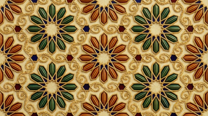 This digital illustration shows a rich Islamic geometric pattern made ...