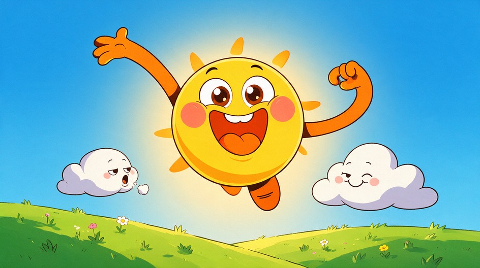 A joyful cartoon illustration shows a golden yellow sun character with ...