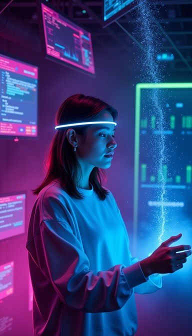 Neon Streamerr Immersed in a vibrant cyberpunk environment, a technologist navigates ...