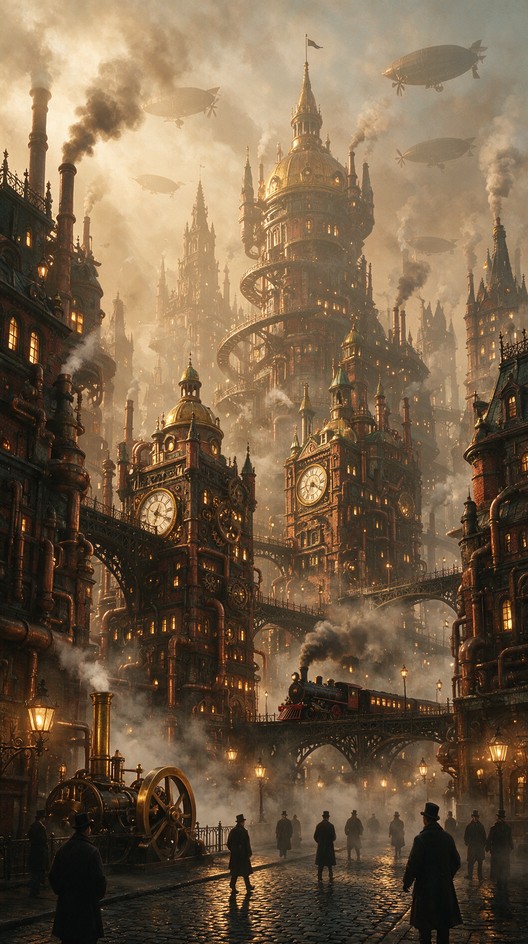 Towering steampunk city of brick and brass clock towers, steam trains ...