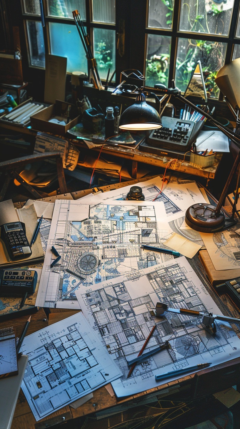 Free Architect’s Workspace Mess Image - Workspace, Blueprints ...