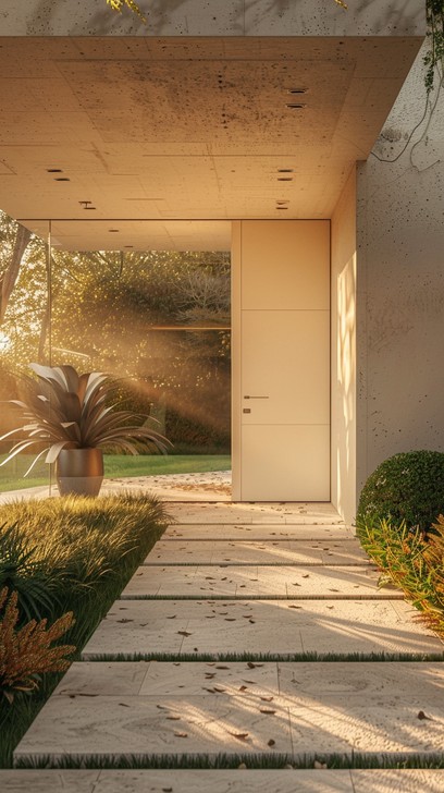 The warm sunlight bathes a modern entryway, showcasing a simplistic ...